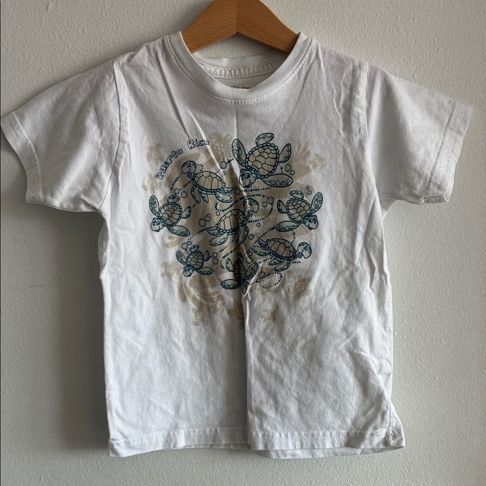 Kids White Tee with Teal Turtle Graphic